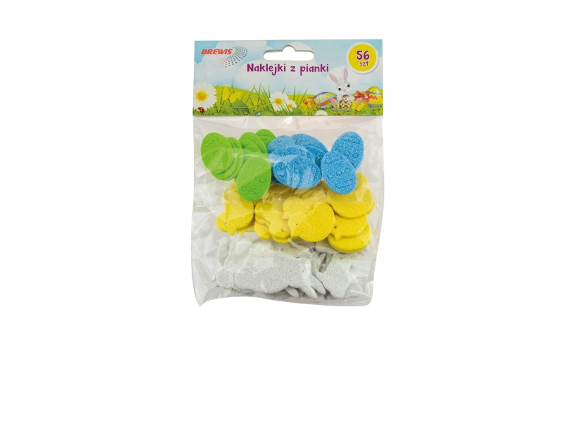 Naklejki z pianki Jajka, kurczaczki, króliczki z brokatem 56szt. PVE16 Brewis